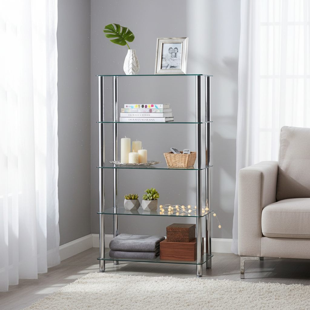 5-Tier Chrome Rectangular Frosted Glass Display Stand