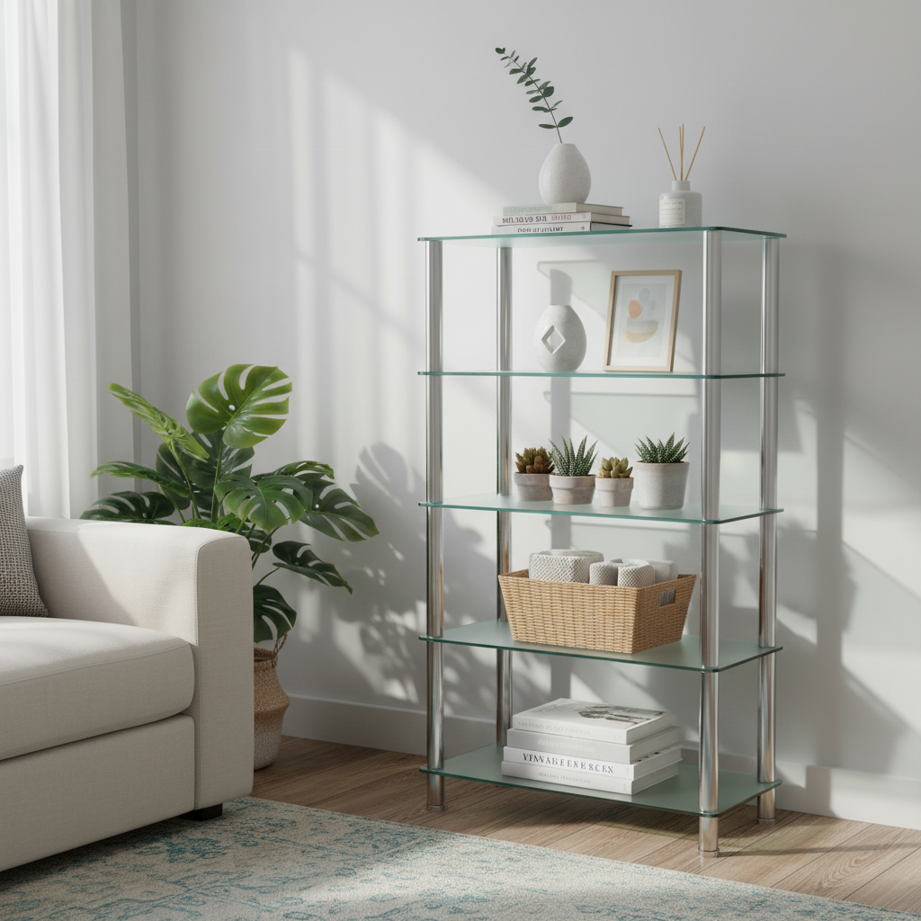 5-Tier Chrome Rectangular Frosted Glass Display Stand