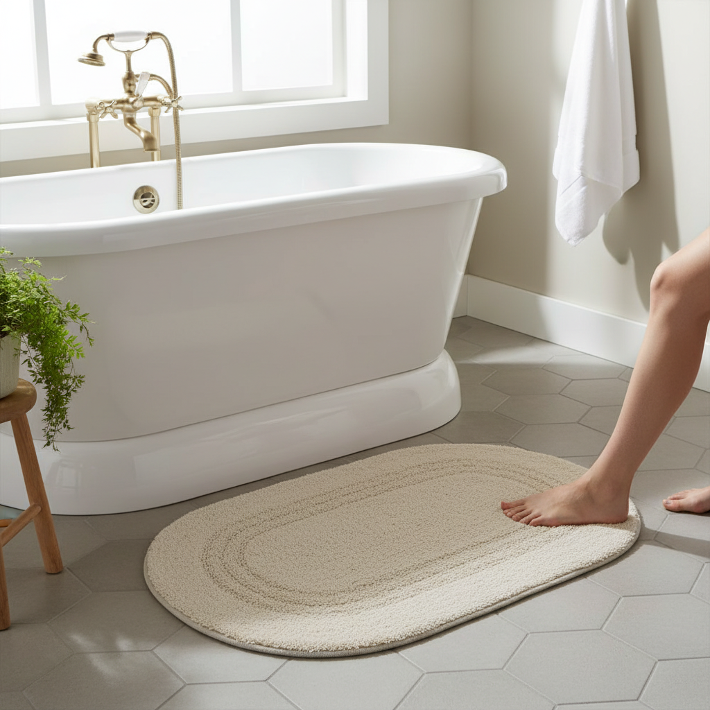 Reversible Cotton Oval Bath Mat – Solid Ivory 16x24, Set of 2