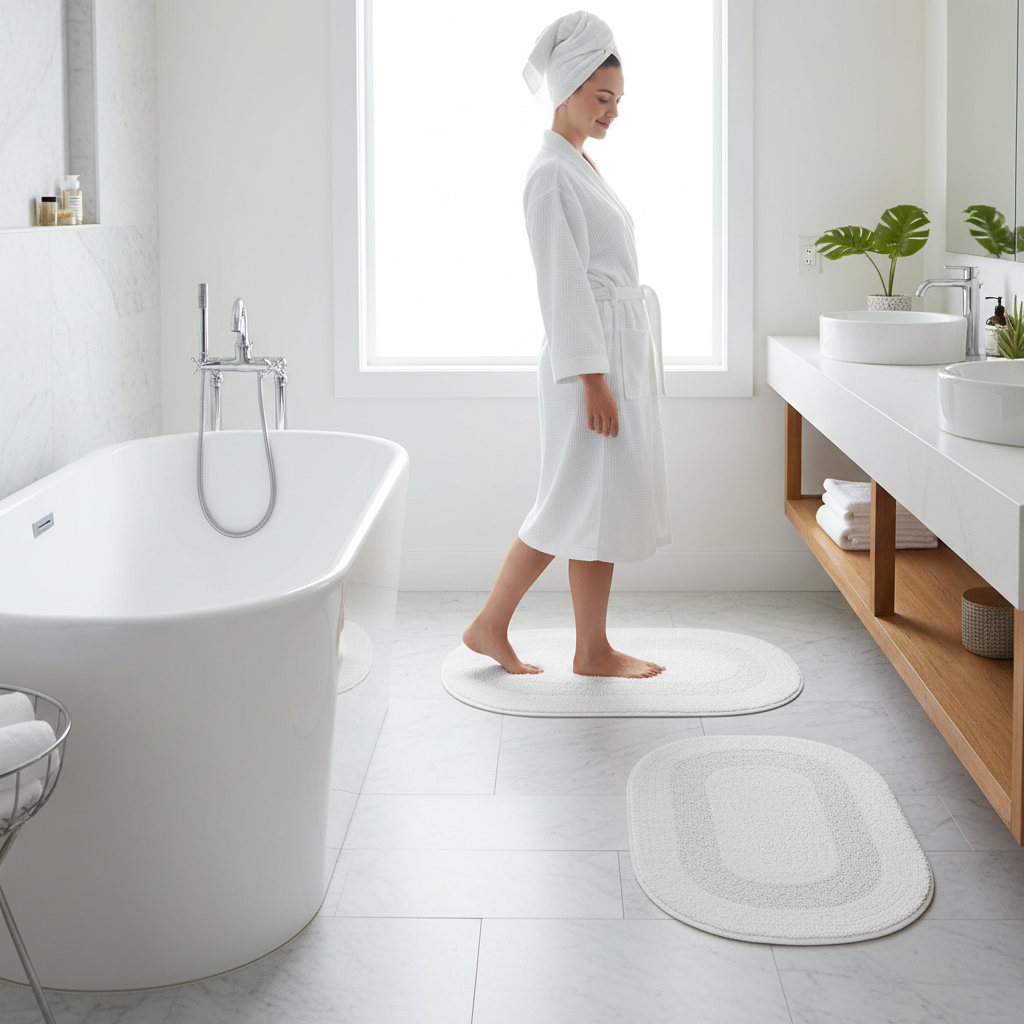 Reversible Cotton Oval Bath Mat – Solid White 16x24, Non-Slip, Set of 2