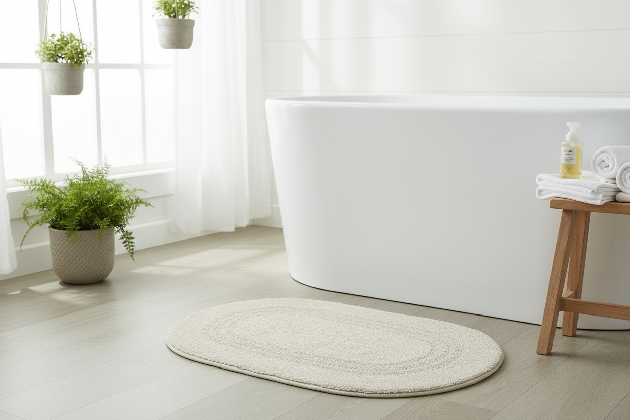 Reversible Cotton Oval Bath Mat – Solid Ivory 16x24, Set of 2