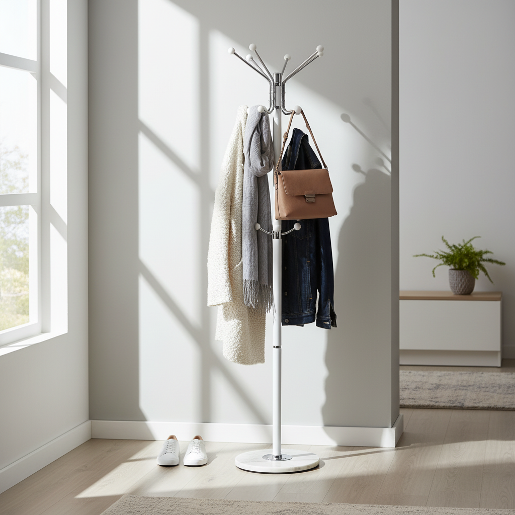 Bloom White Coat Rack with Marble Base, Free-Standing Hall Tree