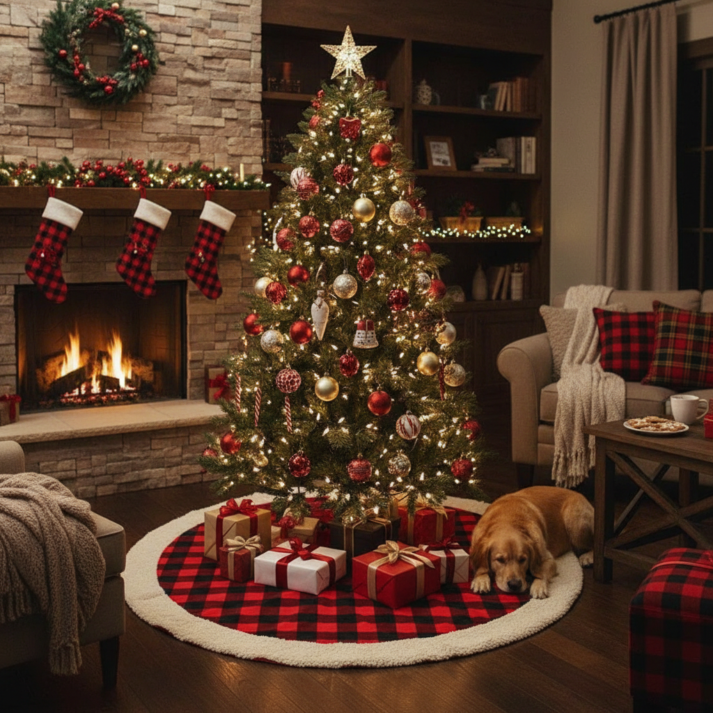 Red Buffalo Christmas Tree Skirt with Sherpa Border, Holiday Decor
