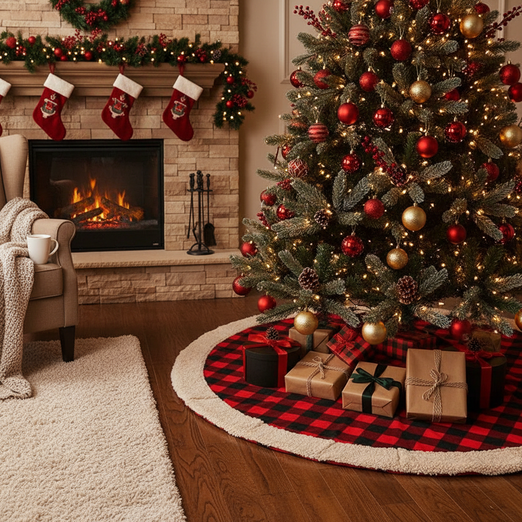 Red Buffalo Christmas Tree Skirt with Sherpa Border, Holiday Decor