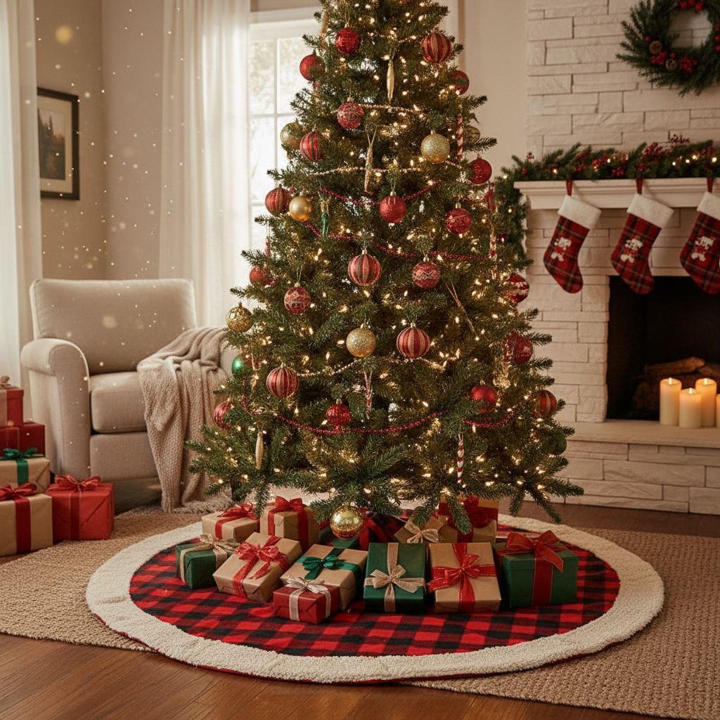 Red Buffalo Christmas Tree Skirt with Sherpa Border, Holiday Decor