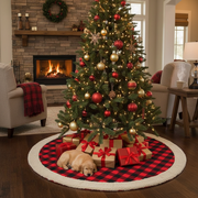 Red Buffalo Christmas Tree Skirt with Sherpa Border, Holiday Decor