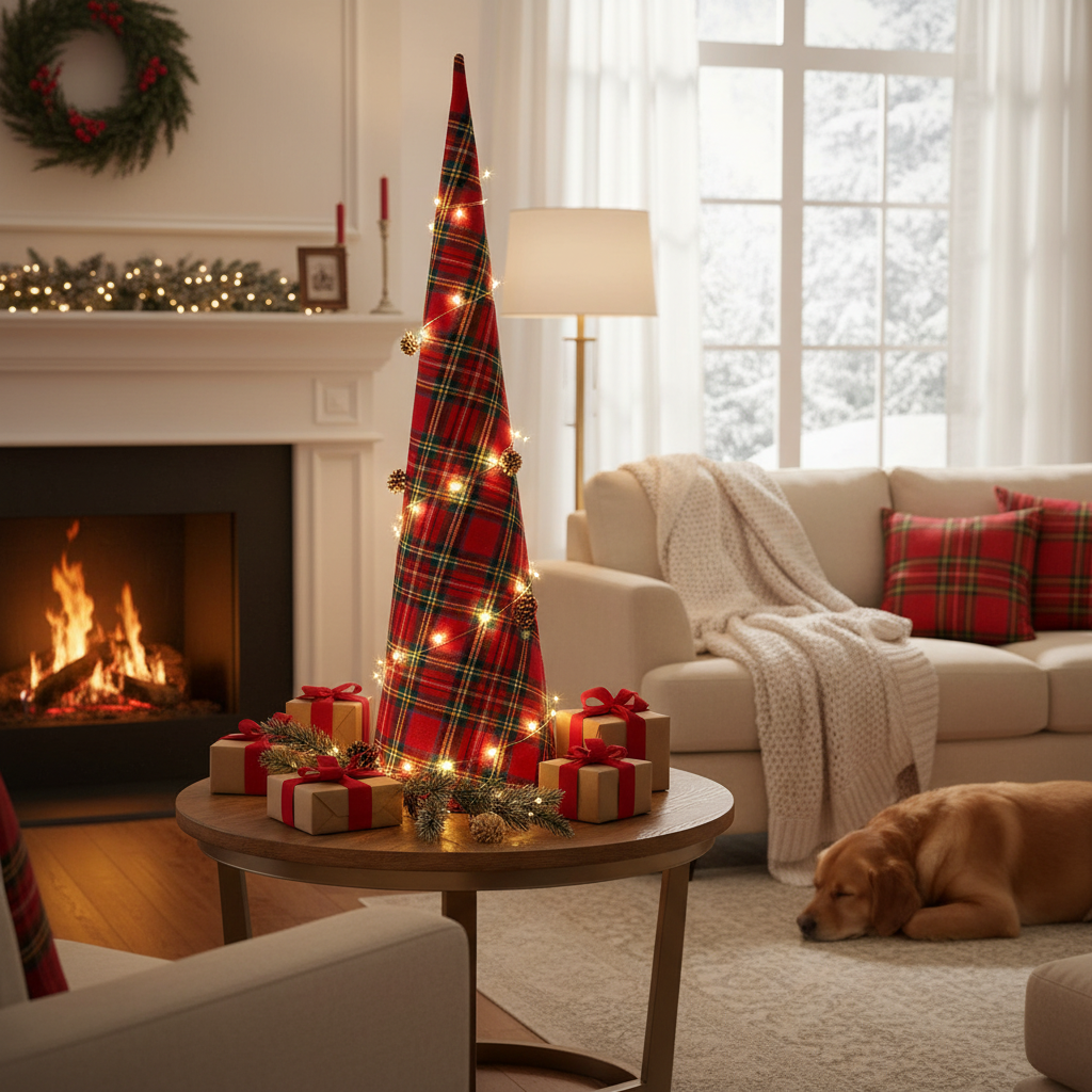 Large Christmas Plaid Cone Tree, Festive Home Decoration