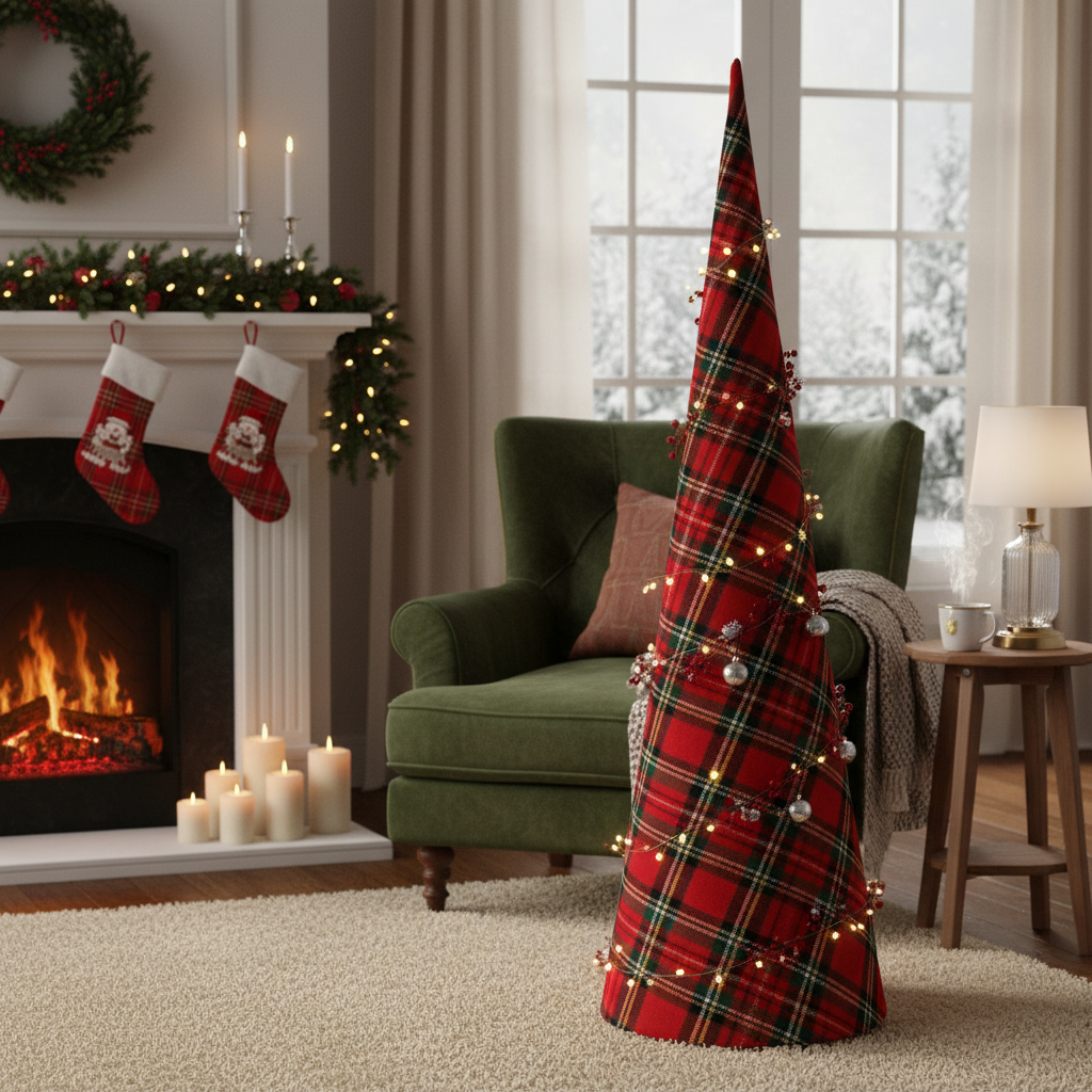 Large Christmas Plaid Cone Tree, Festive Home Decoration