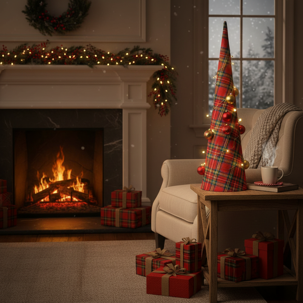 Large Christmas Plaid Cone Tree, Festive Home Decoration