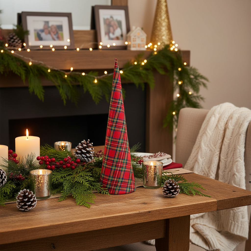 Small Christmas Plaid Cone Tree, Holiday Table & Shelf Decor