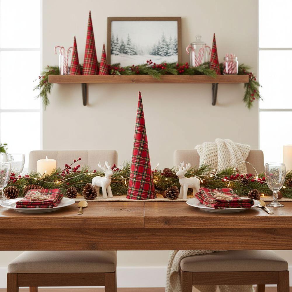 Small Christmas Plaid Cone Tree, Holiday Table & Shelf Decor