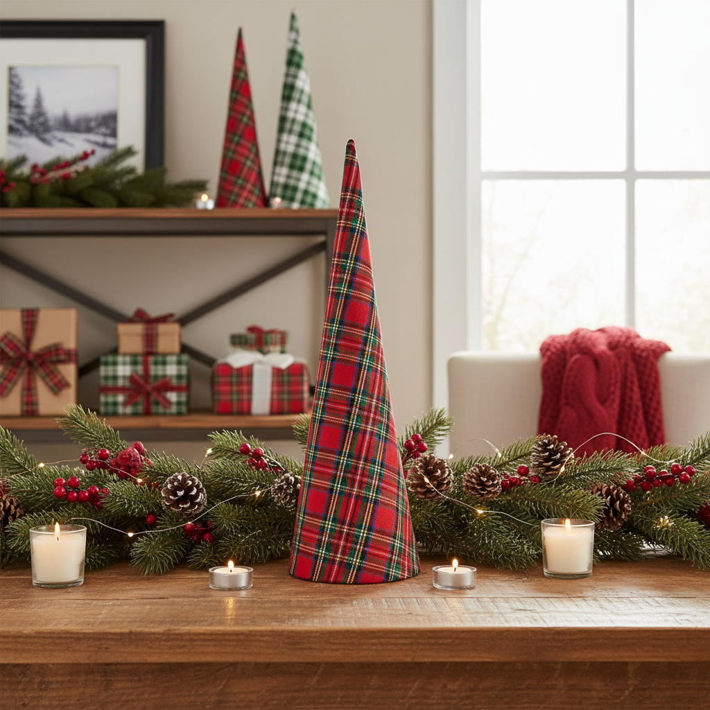 Small Christmas Plaid Cone Tree, Holiday Table & Shelf Decor