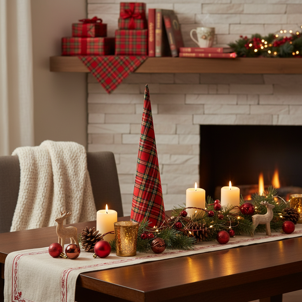 Small Christmas Plaid Cone Tree, Holiday Table & Shelf Decor