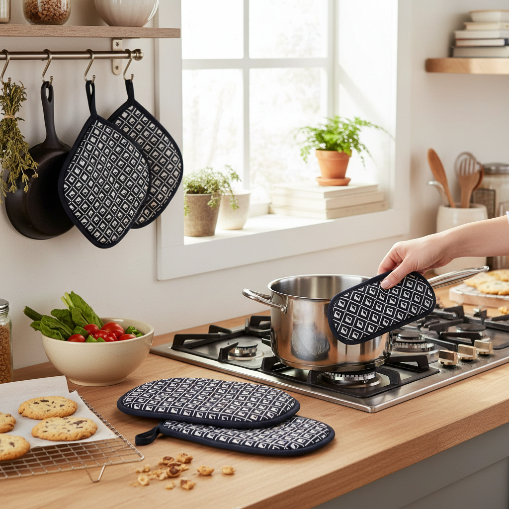 Navy Blue Geometric Silicone Pot Holders – Heat Resistant, Non-Slip Kitchen Accessories – Set of 4