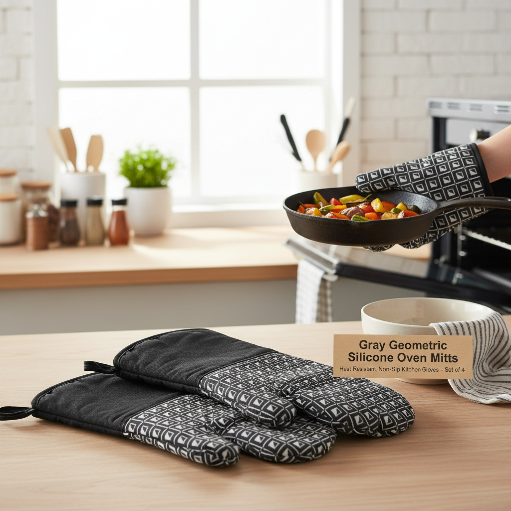 Gray Geometric Silicone Oven Mitts – Heat Resistant, Non-Slip Kitchen Gloves – Set of 4