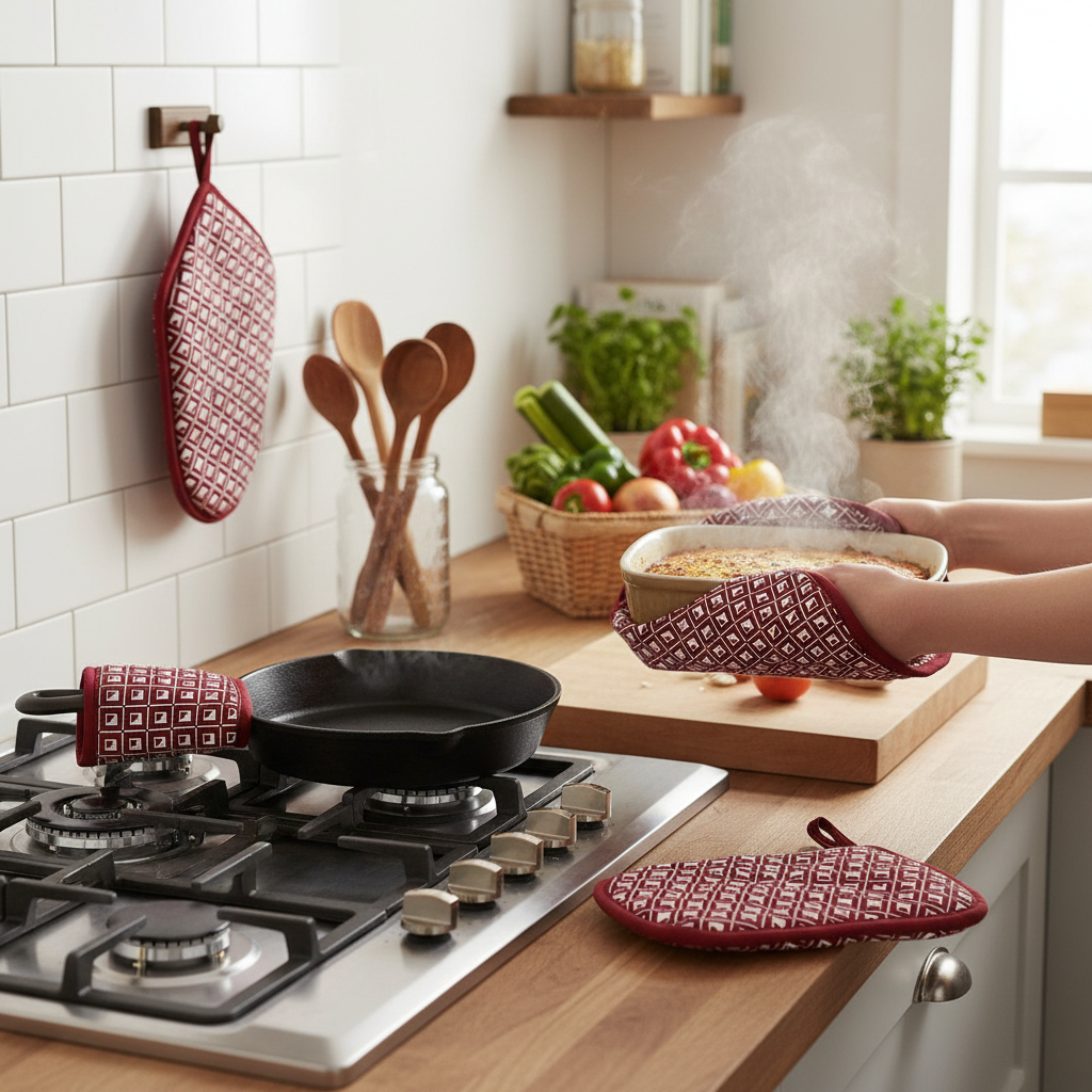 Red Geometric Silicone Pot Holders – Heat Resistant, Non-Slip Kitchen Accessories – Set of 4