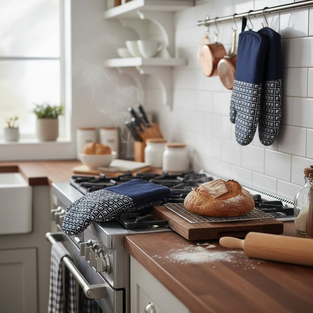 Navy Blue Geometric Silicone Oven Mitts – Heat Resistant, Non-Slip Kitchen Gloves – Set of 4