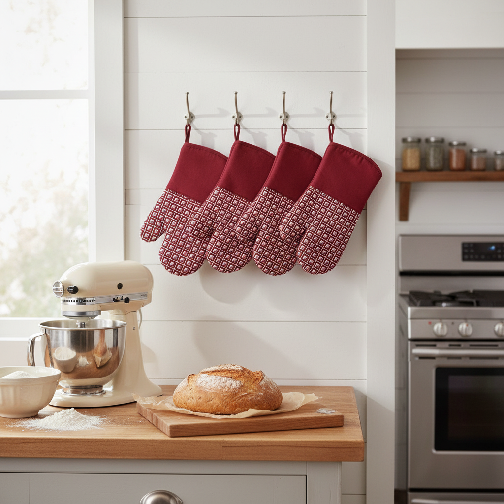 Red Geometric Silicone Oven Mitts – Heat Resistant, Non-Slip Kitchen Gloves – Set of 4