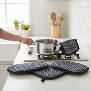 Navy Blue Geometric Silicone Pot Holders – Heat Resistant, Non-Slip Kitchen Accessories – Set of 4