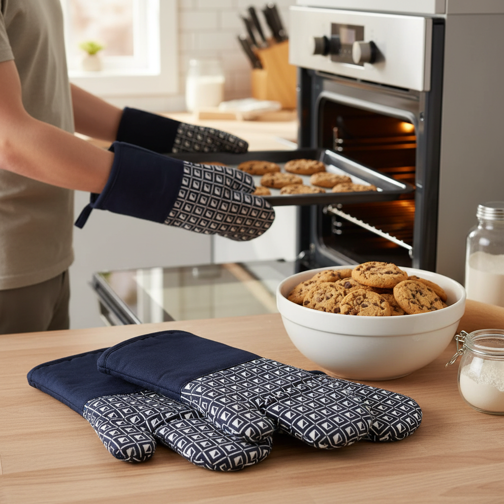 Navy Blue Geometric Silicone Oven Mitts – Heat Resistant, Non-Slip Kitchen Gloves – Set of 4