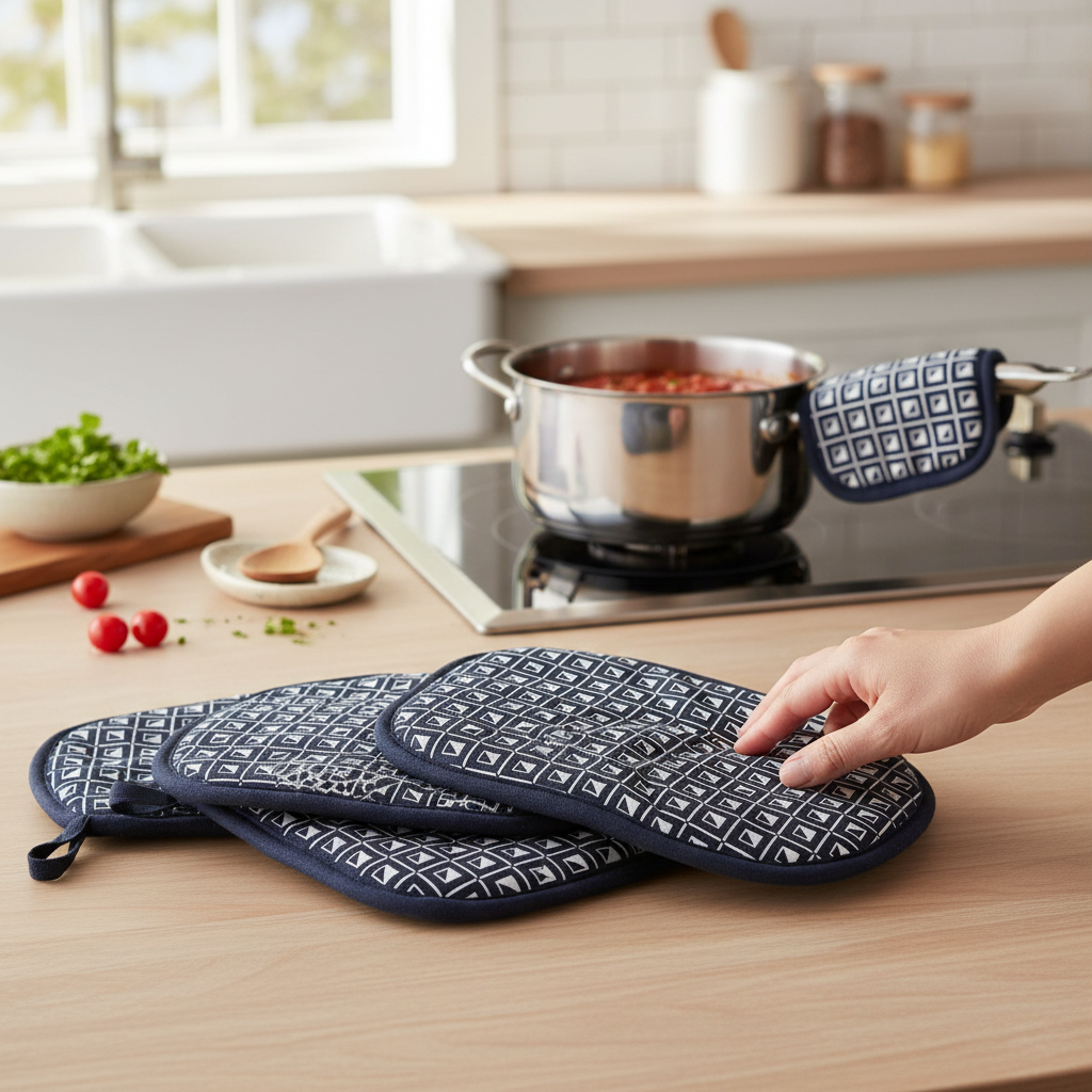 Navy Blue Geometric Silicone Pot Holders – Heat Resistant, Non-Slip Kitchen Accessories – Set of 4