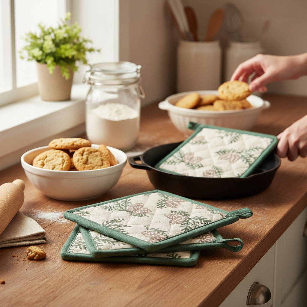 Pinecone Print Cotton Pot Holders – Heat Resistant, Durable Kitchen Accessories – Set of 4