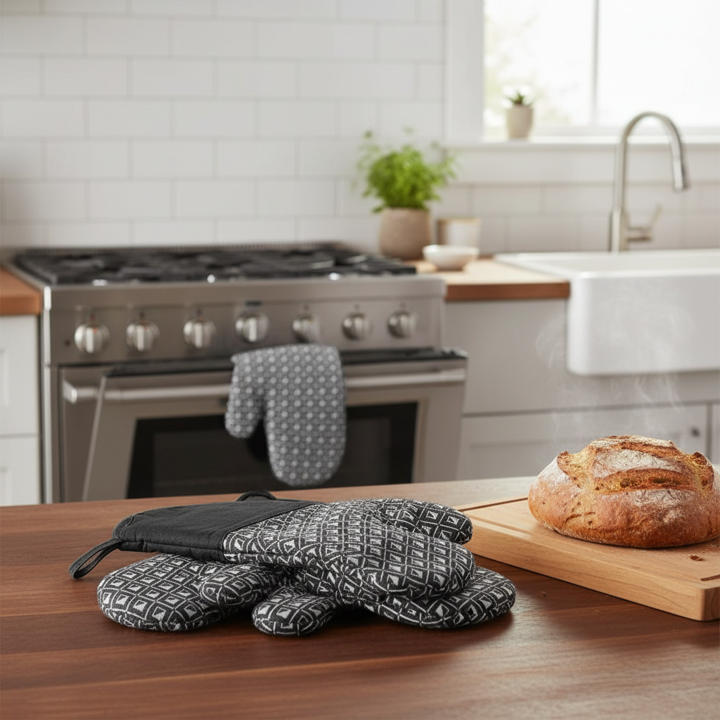 Gray Geometric Silicone Oven Mitts – Heat Resistant, Non-Slip Kitchen Gloves – Set of 4