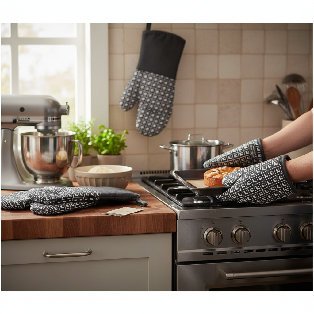 Gray Geometric Silicone Oven Mitts – Heat Resistant, Non-Slip Kitchen Gloves – Set of 4