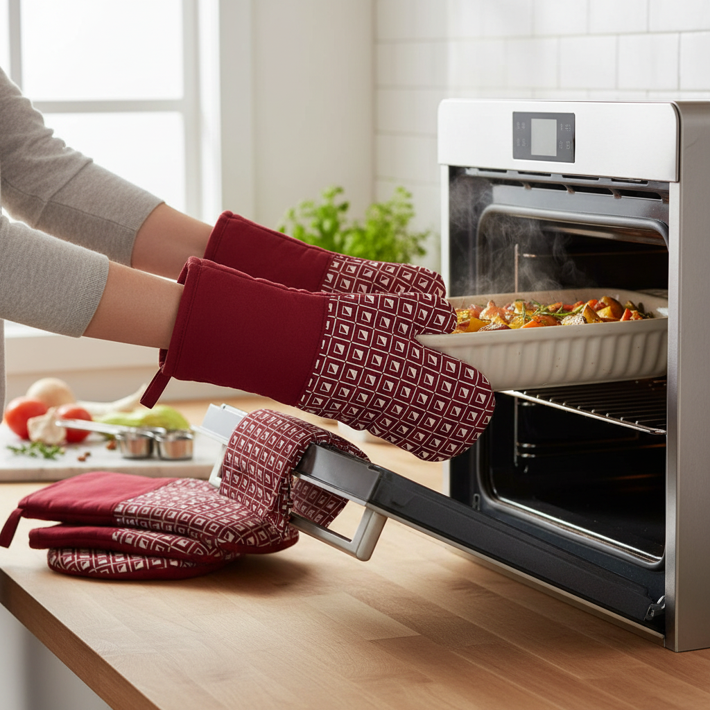 Red Geometric Silicone Oven Mitts – Heat Resistant, Non-Slip Kitchen Gloves – Set of 4