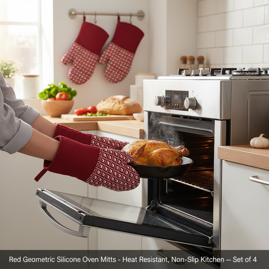 Red Geometric Silicone Oven Mitts – Heat Resistant, Non-Slip Kitchen Gloves – Set of 4