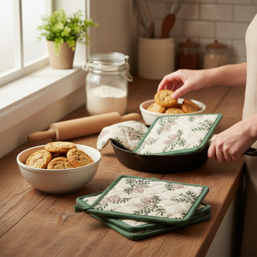 Pinecone Print Cotton Pot Holders – Heat Resistant, Durable Kitchen Accessories – Set of 4