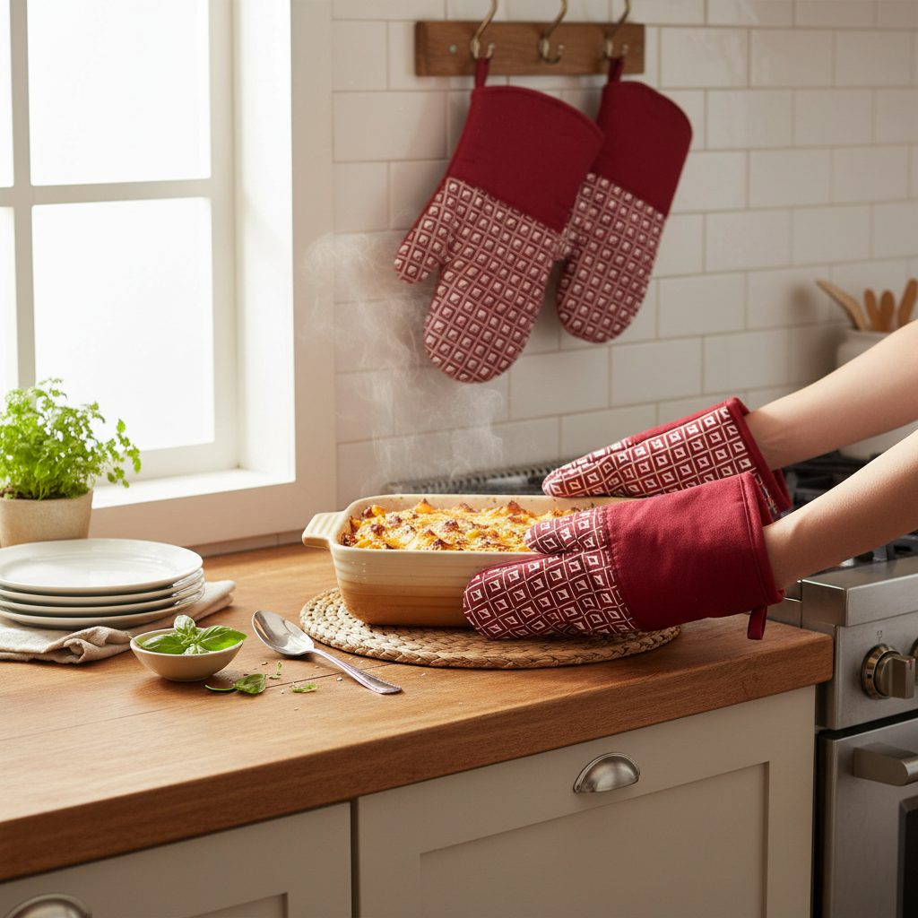 Red Geometric Silicone Oven Mitts – Heat Resistant, Non-Slip Kitchen Gloves – Set of 4