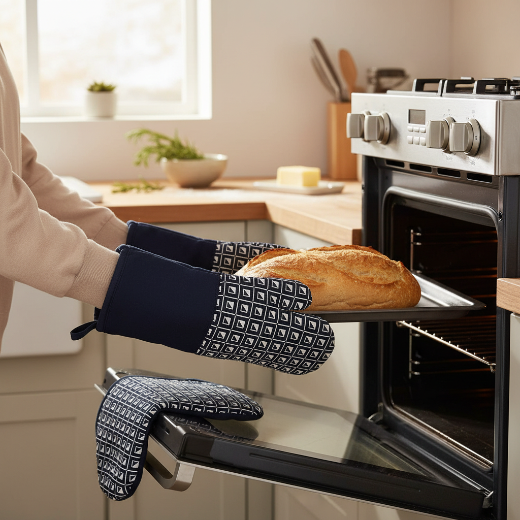 Navy Blue Geometric Silicone Oven Mitts – Heat Resistant, Non-Slip Kitchen Gloves – Set of 4