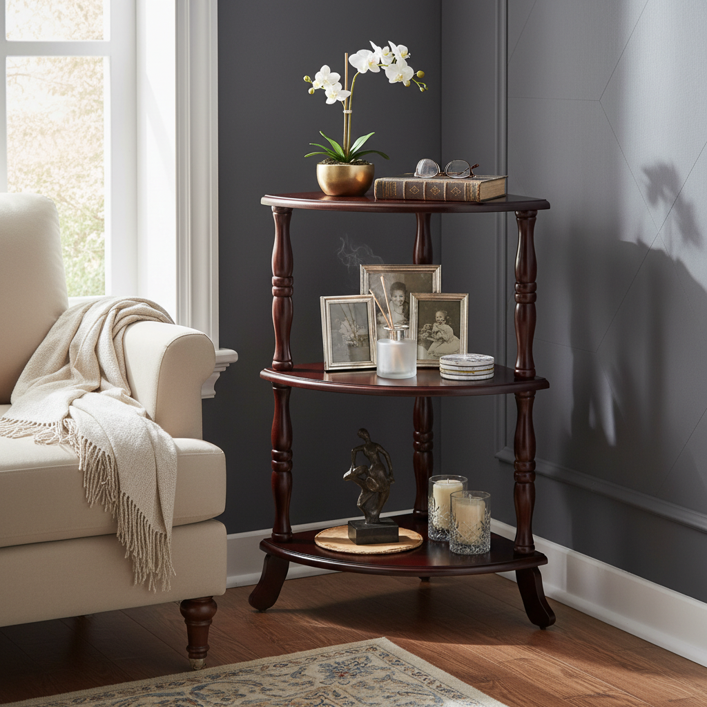 3-Tier Wooden Corner Shelf – Space-Saving Storage & Display