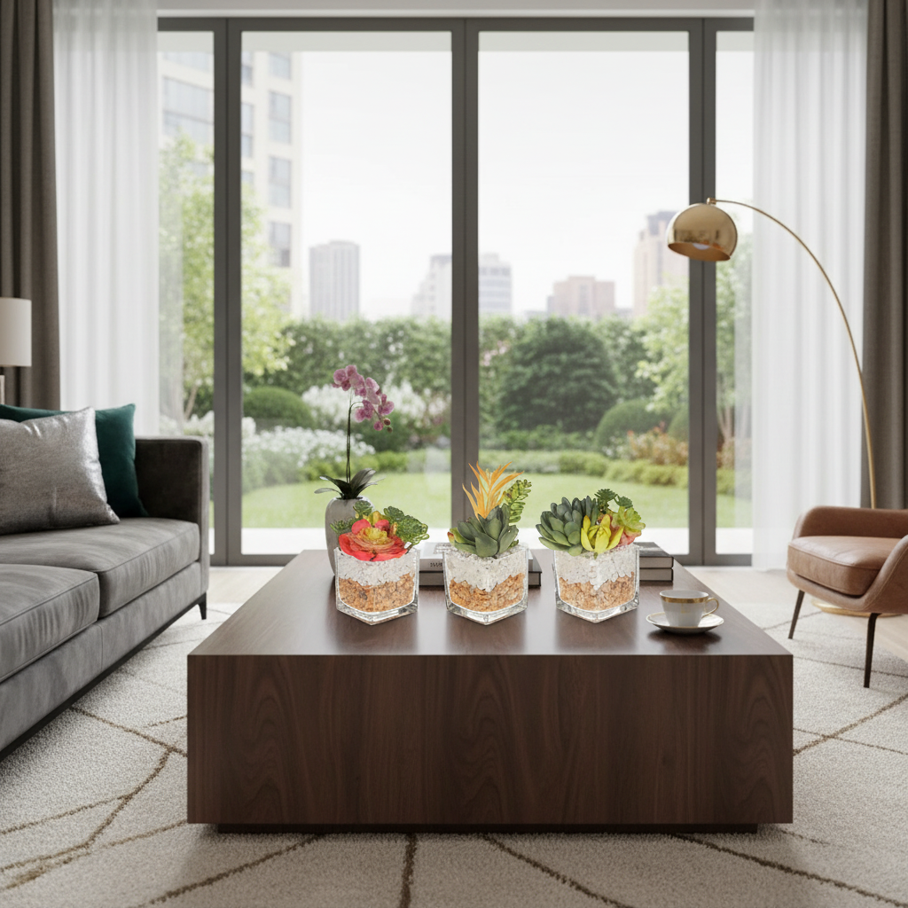 Artificial Succulents In Square Glass Planter Assorted Decorative Indoor Plant