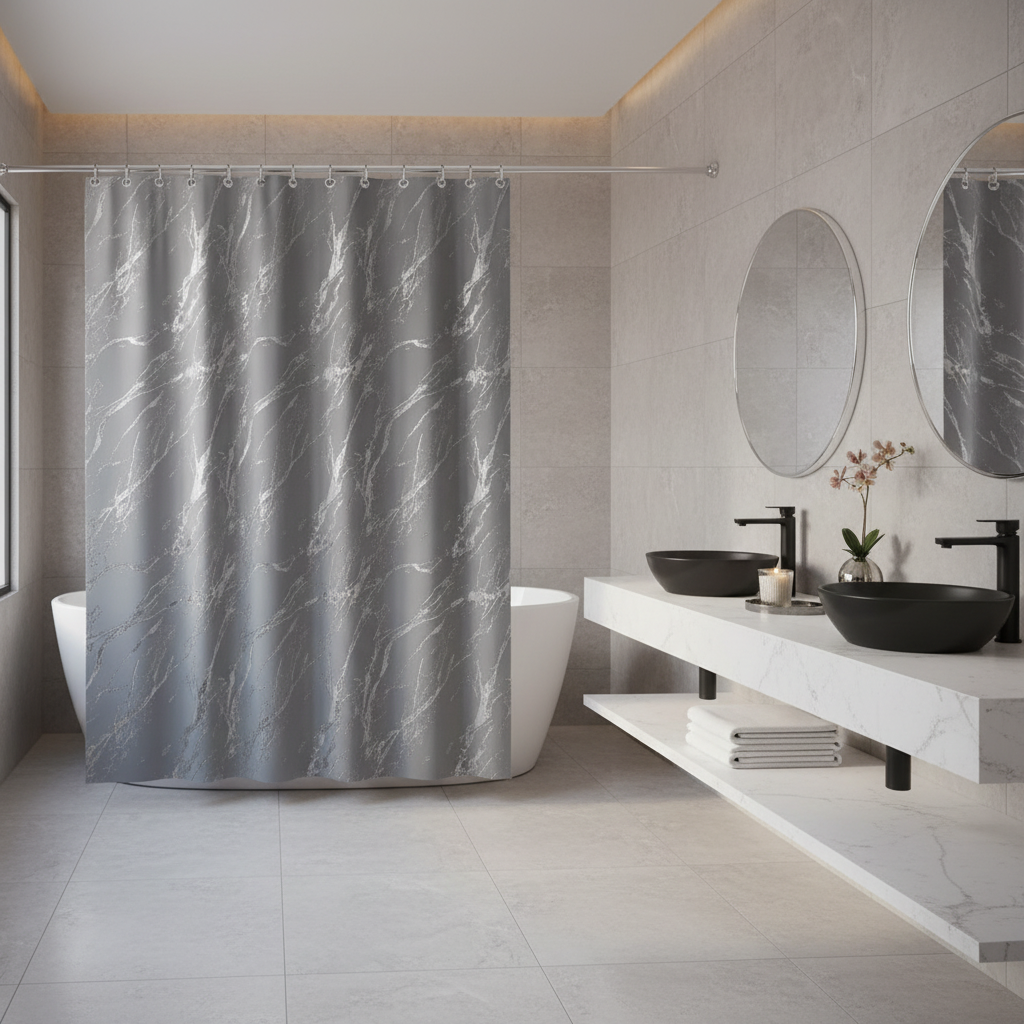 Polyester Shower Curtain – Silver Foil Marble Print, Gray, Modern Bathroom