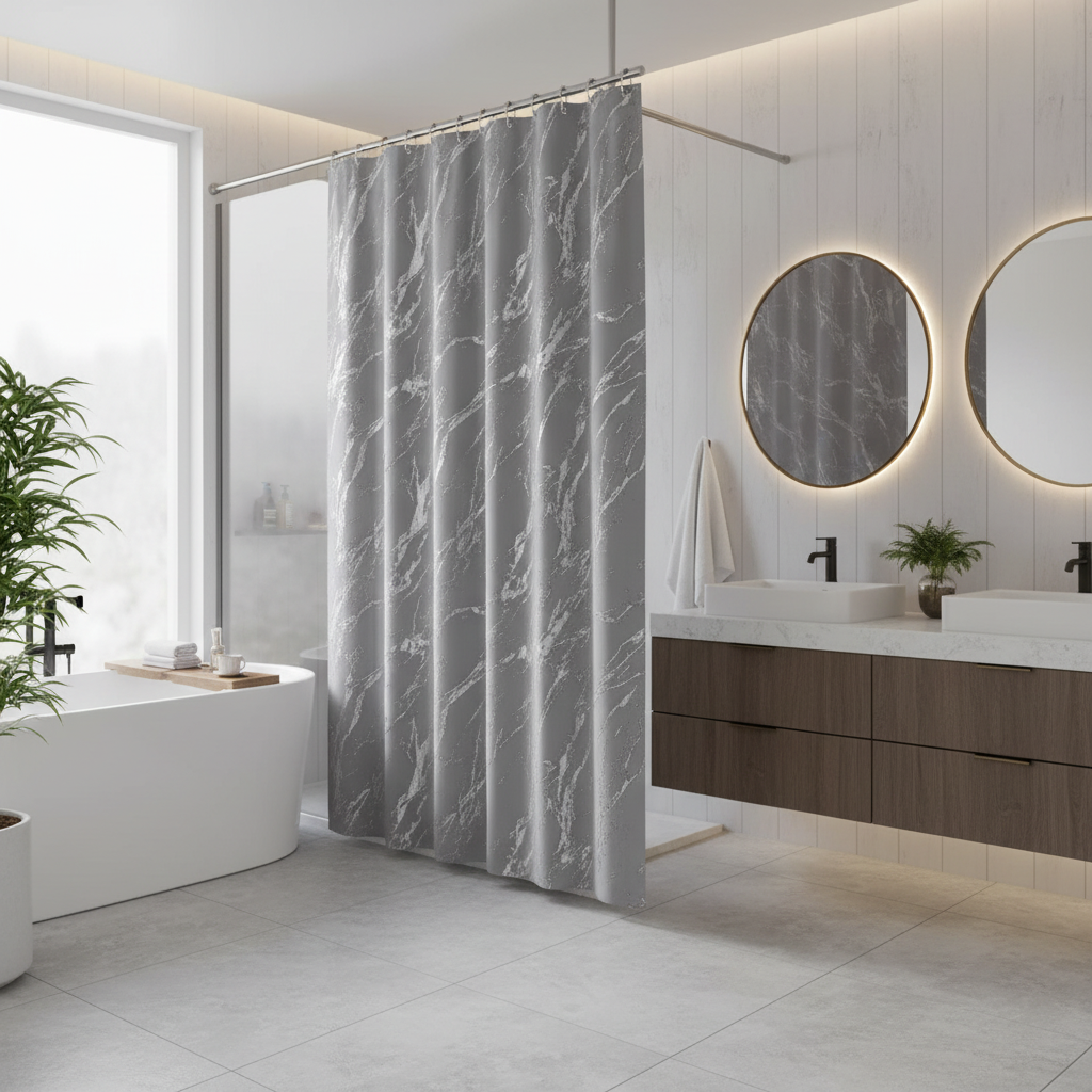 Polyester Shower Curtain – Silver Foil Marble Print, Gray, Modern Bathroom