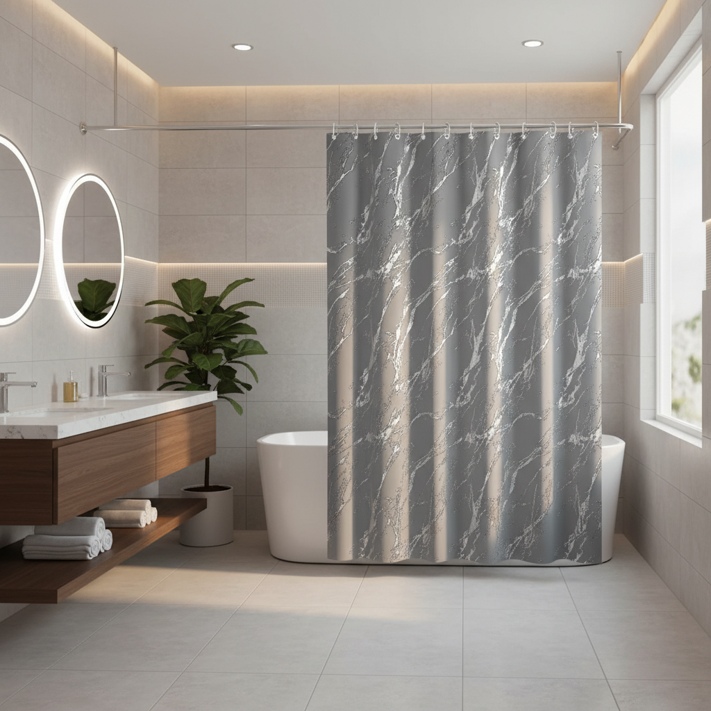 Polyester Shower Curtain – Silver Foil Marble Print, Gray, Modern Bathroom