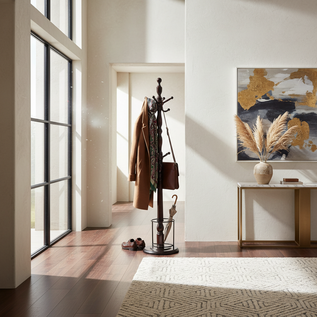 Wooden Coat Rack – Mahogany Finish, Free-Standing Hall Tree