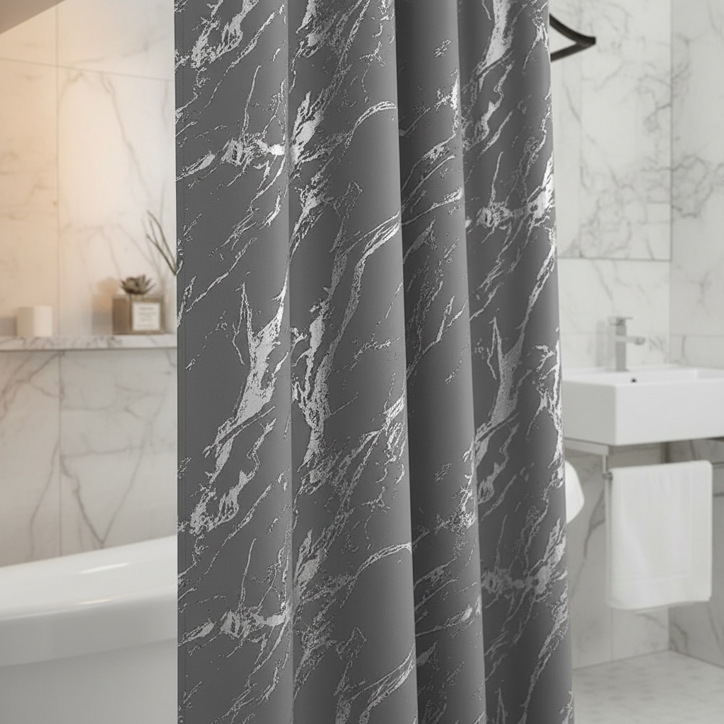 Polyester Shower Curtain – Silver Foil Marble Print, Gray, Modern Bathroom