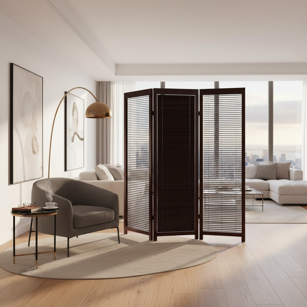 3 Panel Adjustable Wooden Shutter Screen Mahogany – Decorative Room Divider, Adjustable Panels