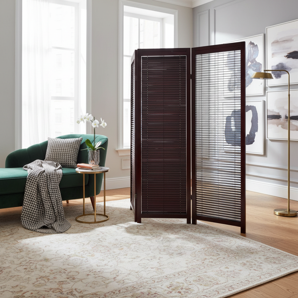 3 Panel Adjustable Wooden Shutter Screen Mahogany – Decorative Room Divider, Adjustable Panels