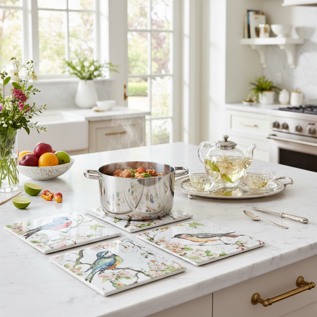8 Inch Square Ceramic Trivet Spring Bird Design Set of 4 Kitchen Hot Plate
