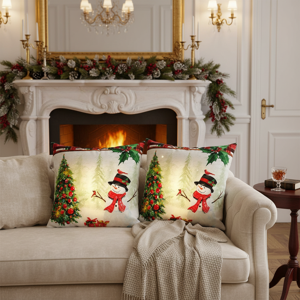 LED Velvet Cushion – Snowman with Tree, 18x18, Holiday Accent Pillow, Set of 2