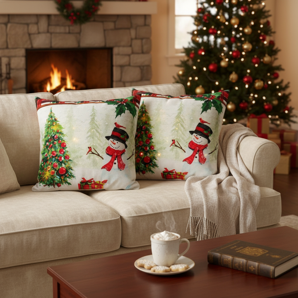 LED Velvet Cushion – Snowman with Tree, 18x18, Holiday Accent Pillow, Set of 2