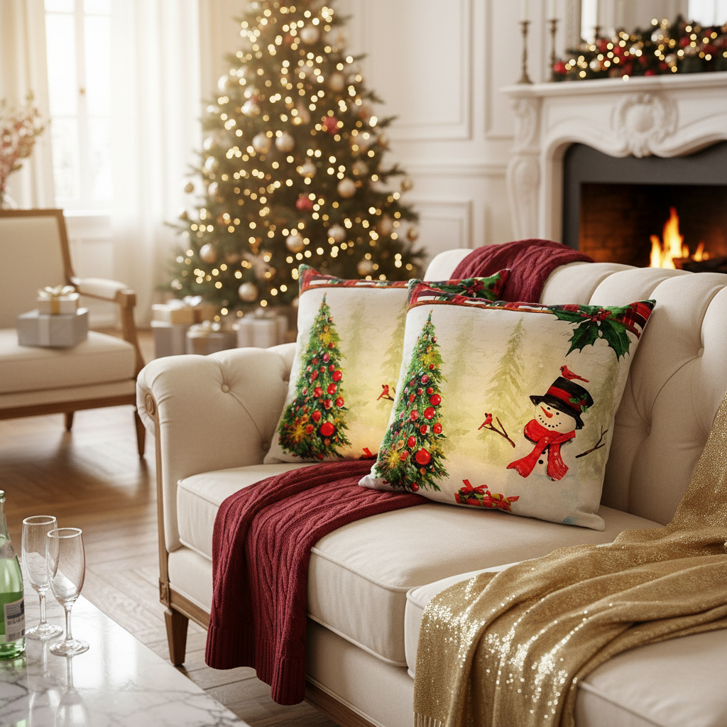 LED Velvet Cushion – Snowman with Tree, 18x18, Holiday Accent Pillow, Set of 2