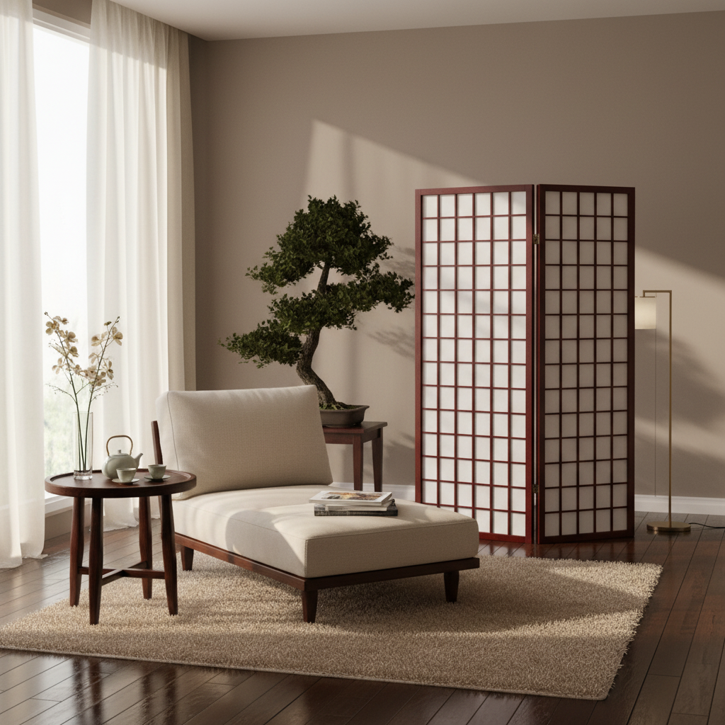3 Panel Wood Framed Paper Screen Mahogany – Decorative Room Divider, Japanese Style Shoji