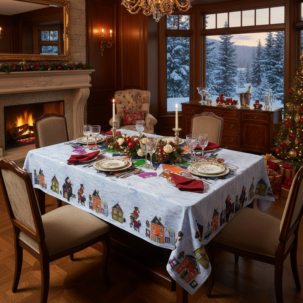 Polyester Digital Print Tablecloth Santa’s Helpers 54x72 Inch – Holiday Dining Linen