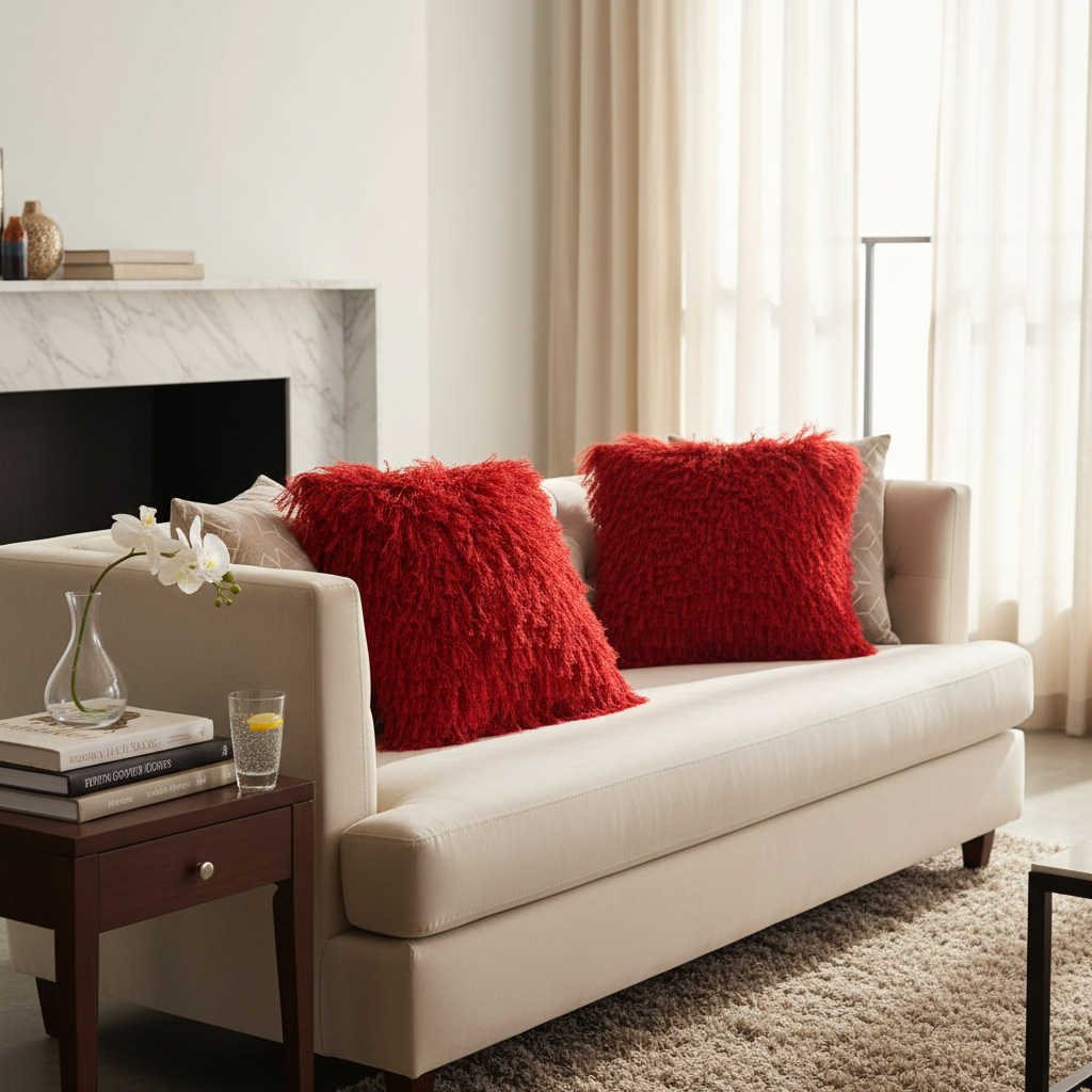 Red Furry Throw Cushion Pillow – Set of 2, Soft Decorative Home Accent
