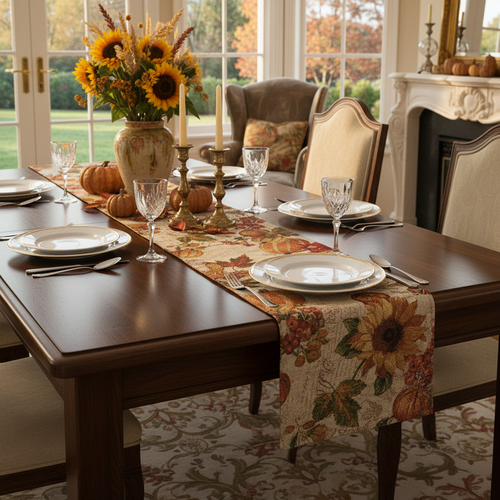 Tapestry Table Runner Sunflower Pumpkin 13x72 Inch – Decorative Cotton Dining Accent